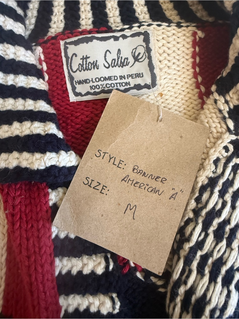 NWT Vintage Cotton Salsa Patriotic Star Cardigan Sweater Hand Loomed Peru Size M - Picture 3 of 8